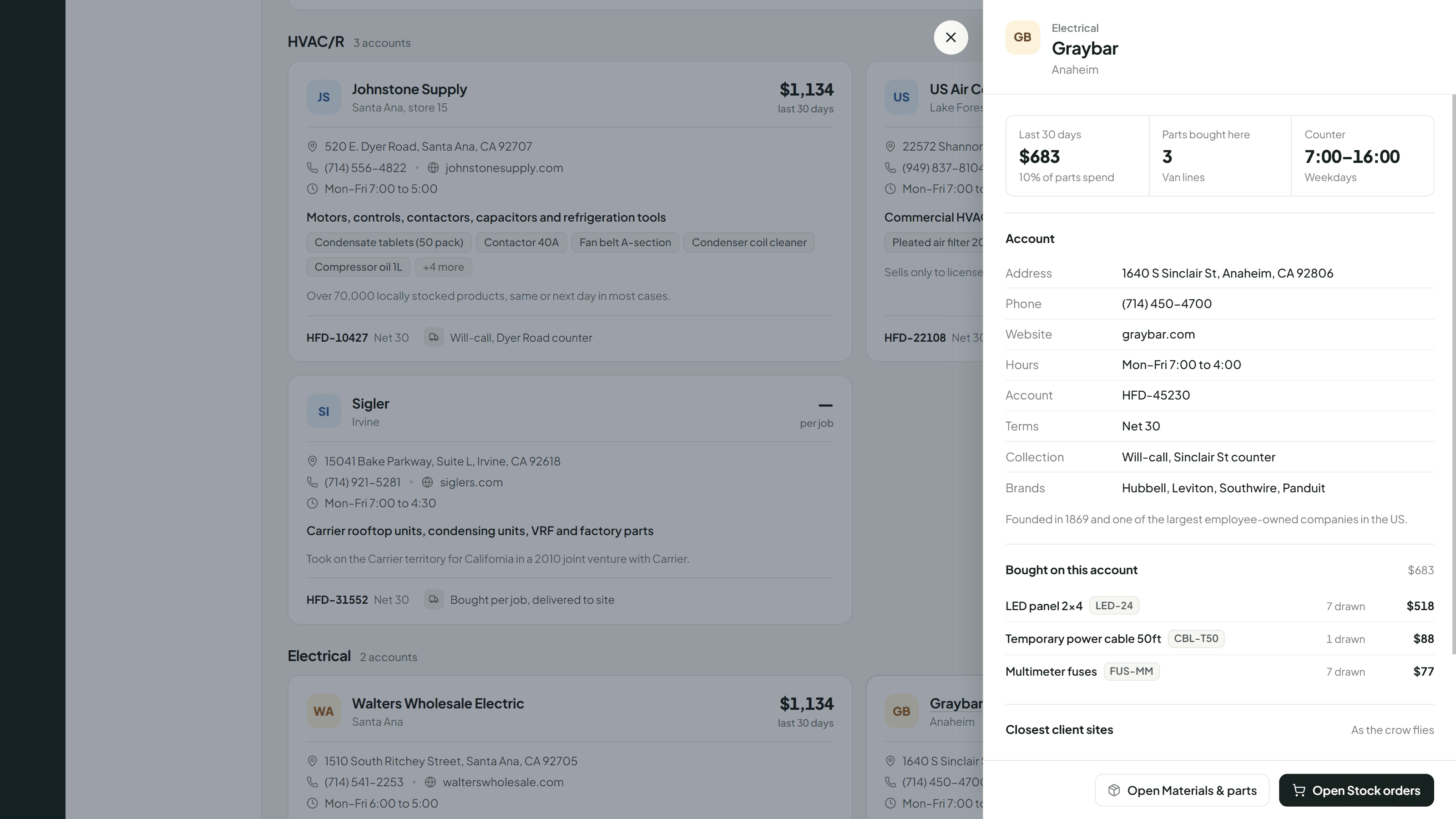 One supplier's account open: address, hours, account number and terms, what has been bought on it, and the client sites closest to that counter.